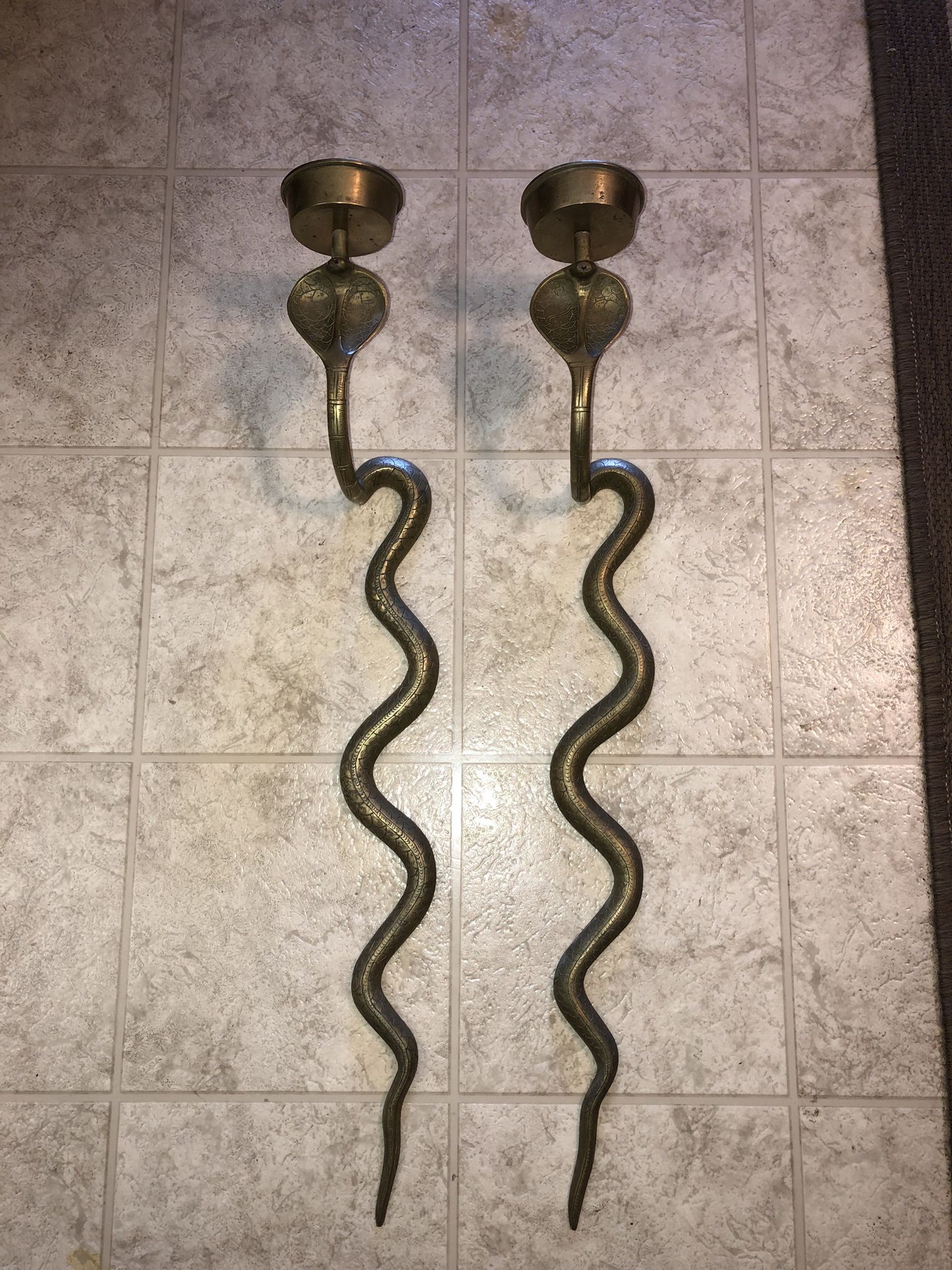 Rare Pair Of Antique Brass Cobra Snake Wall Sconces.