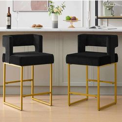 26" H Velvet Bar Stools Set of 2, Counter Height Bar Seats with Square Back, Modern Upholstered Armless Barstools with Metal Gold Legs for Kitchen Isl