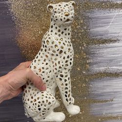 $40 Each.  Leopard Panther Statue In Gold & Off White Porcelain Ceramic.  12” Majestic Table Art.  Buy 1 Or A Pair. 
