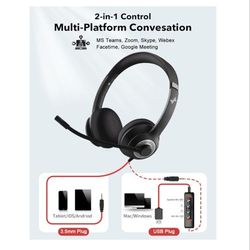 JIAMQISHI USB Headset with Microphone for PC, On-Ear Computer Laptop Headphones with Noise Cancelling Microphone in-line Control for Home Office Onlin