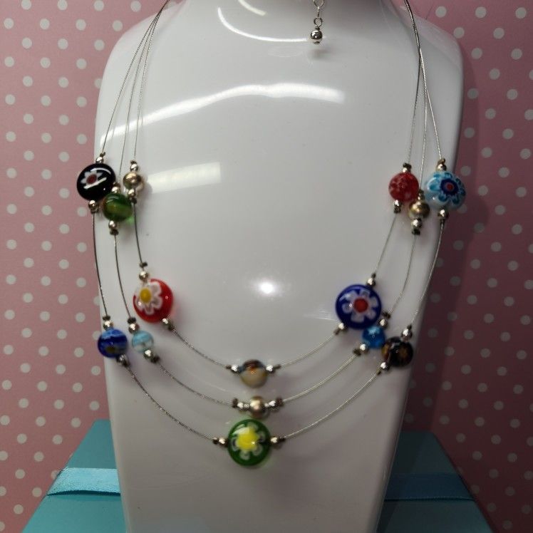 #2305, 925 SILVER NECKLACE MILLEFIORI VENETIAN, MURANO GLASS.