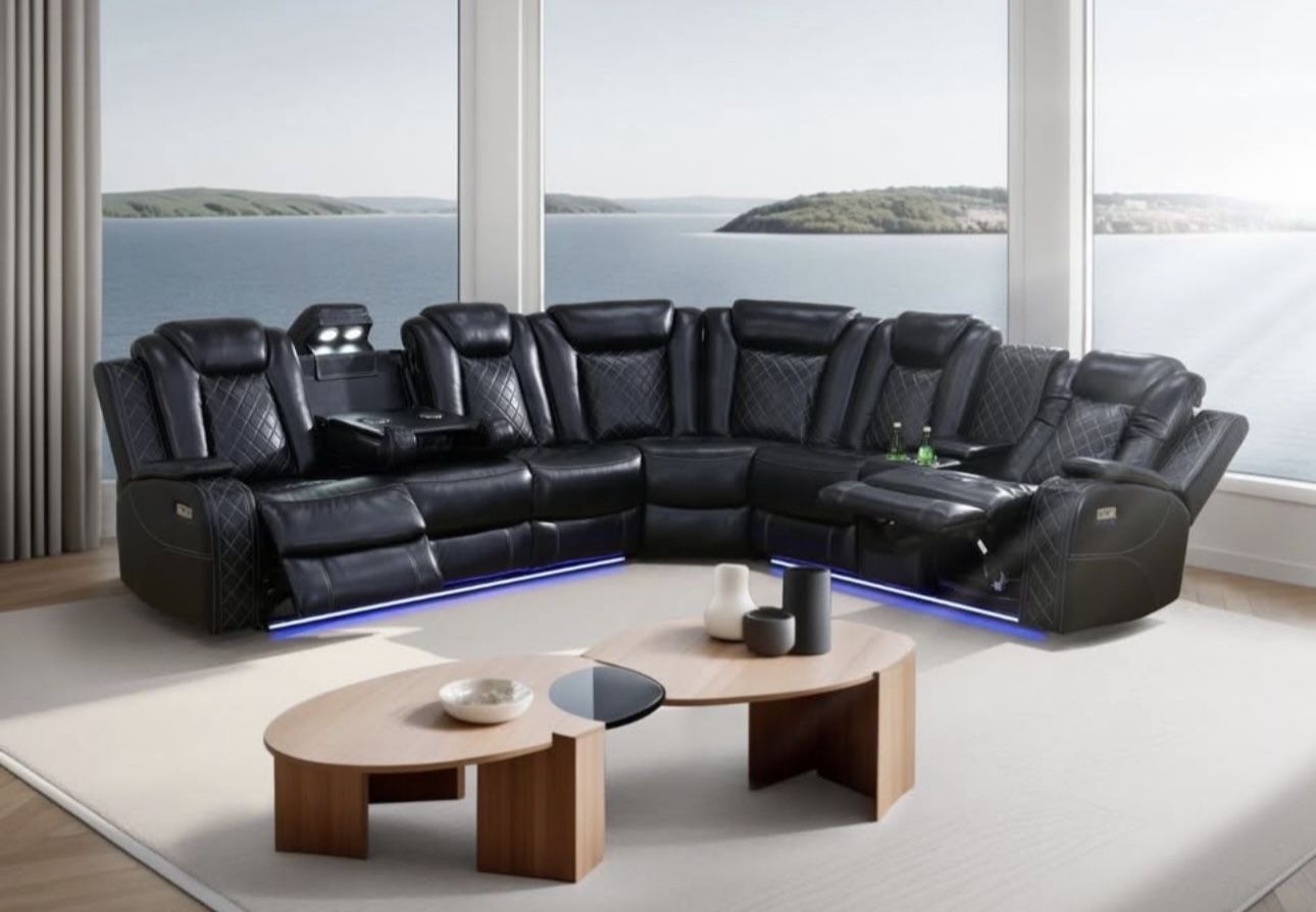Power Electric Black Leather Fully Reclining Sectional Couch 