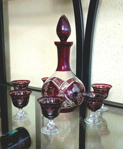Antique Bohemian Egermann Red Cut to Clear Decanter & 6 Glasses set