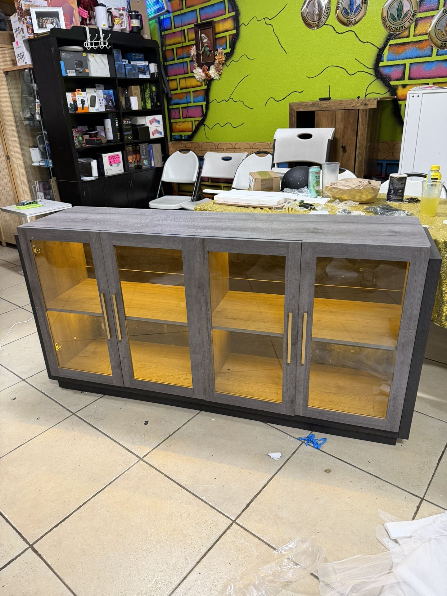 AMERLIFE Sideboard Buffet Cabinet with LED Lights, Mixed Color Accent Cabinet with Glass Doors and Adjustable Shelf, Hallway Storage Cabinet Console T