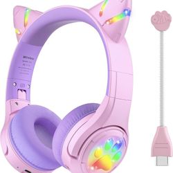 Cat Ear Kids Bluetooth Headphones with LED Light Up,Safe 85dB Volume Limit,Built-in Mic&Boom Mic for Calls,Kids Wireless&Wired Headphones for Girls/To