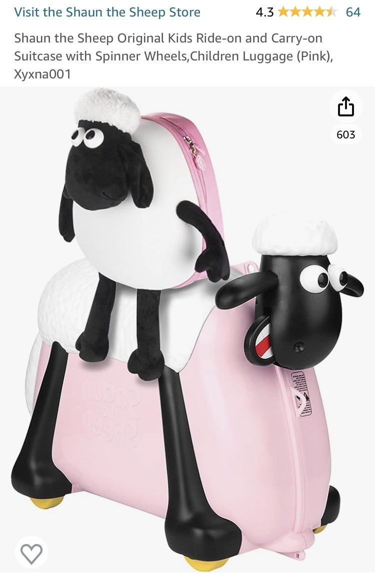 Shaun the Sheep Original Kids Ride-on and Carry-on Suitcase with Spinner Wheels,Children Luggage (Pink), Xyxna001