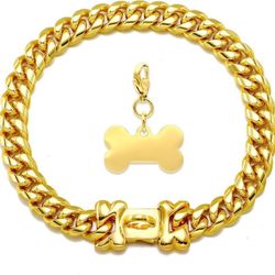 NIKPET Gold Chain Dog Collar Metal Stainless Steel Cuban Link Dog Collars Strong Heavy Duty Chew Proof Walking Chain For Small Dogs(14MM, 12")