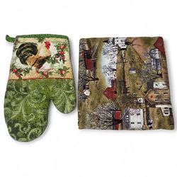 Mainstays Green Farmhouse Country Rooster Kitchen Pot Holder And Oven Mitt Set