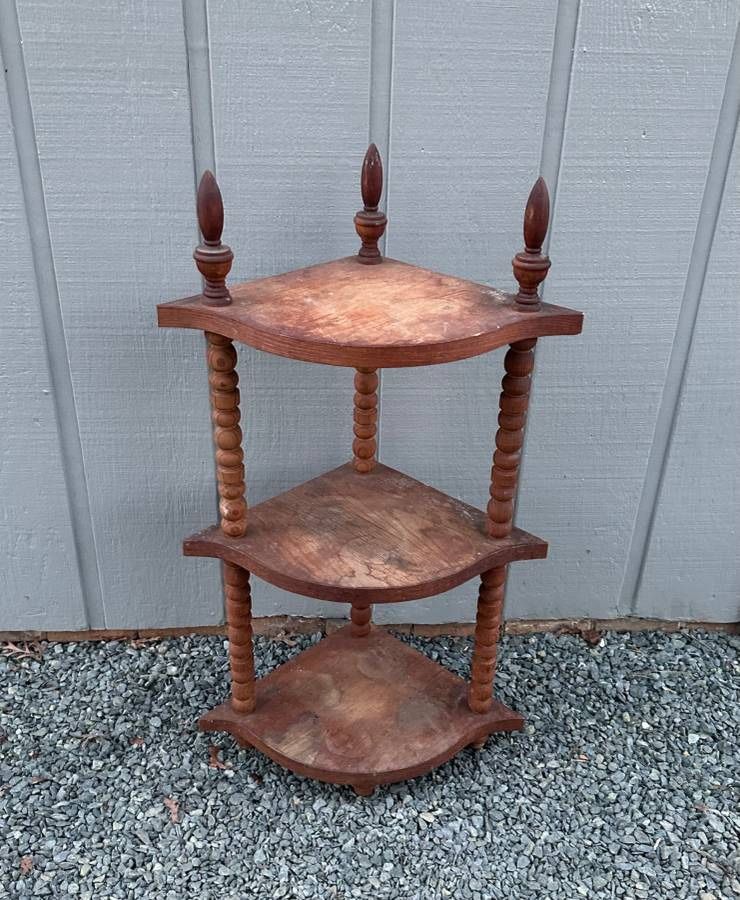Vintage Wood 3 Tier Whatnot Display Corner Shelf Plant Stand