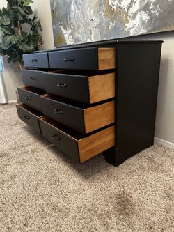 3 Foot Tall Antique Solid Wood Black WHITNEY Credenza - 8 Dovetail Drawer  Dresser w/ Pewter Hardware for Sale in Gilbert, AZ - OfferUp