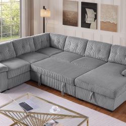 Corduroy 114” Pull-out Sleeper Sofa Bed Sectional Couch With Storage Chaise
