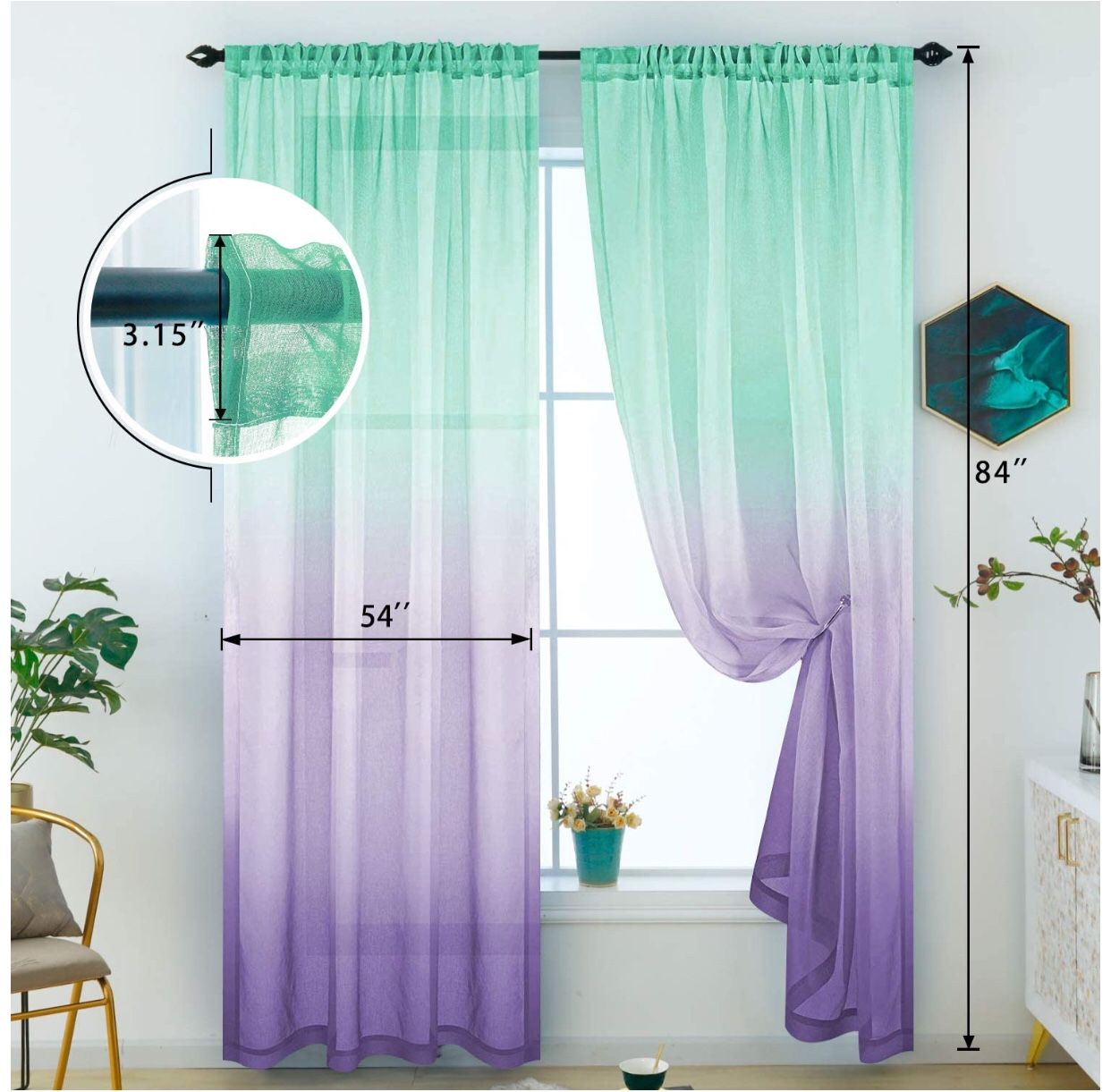 Sheer Curtains Mermaid Decor Reversible Lilac and Turquoise Voile Reversible Panels 100% Polyester Faux Linen