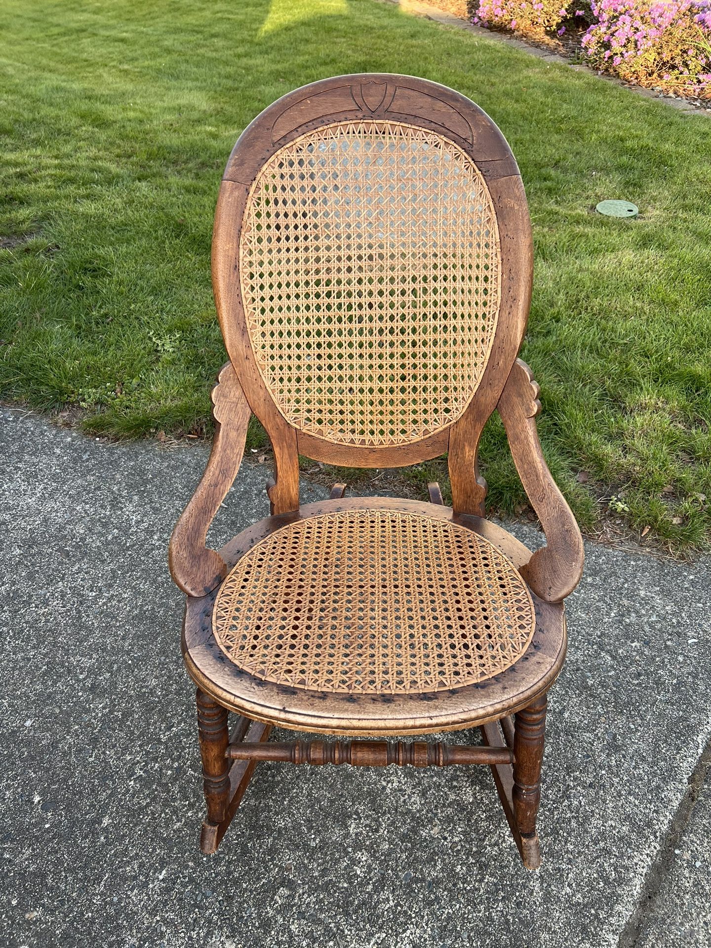 Carved Walnut Wood-Rattan Rocking Chair