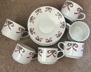 Festive Christmas   (6)white holiday cups, and  (6)saucers