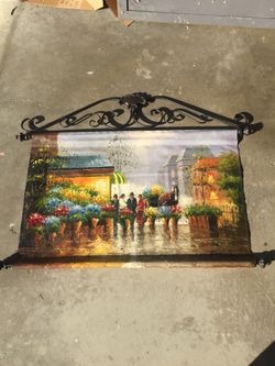 Tapestry style oil painting flower market with hanging rod 32”x41”