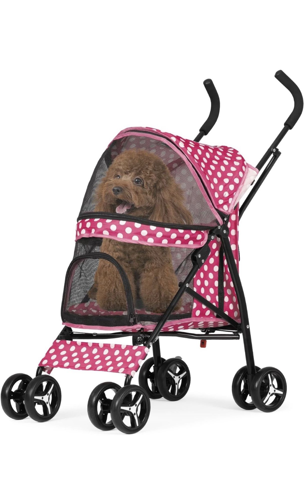 V127 $30 Foldable Stroller for Small/Medium Dogs Cats, Lightweight 4-Wheels Compact Pet Stroller w/Rear Storage, Load Up to 22 lbs, Pink Polka Dots