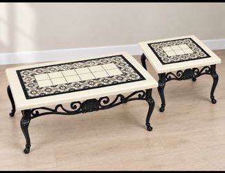 Unique Black & Cream Talavera Tile Coffee Table + End Table Set – iron base- One of a Kind