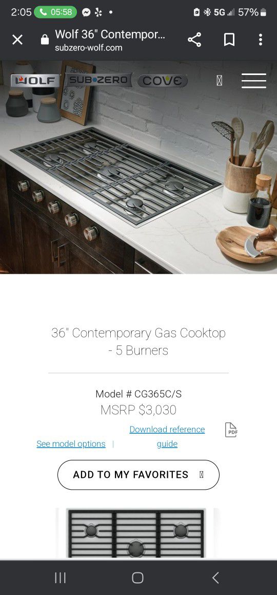 Wolf 36" Cooktop Contempory.  NEW