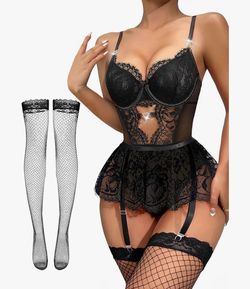 MEDIUM Sexy Stocking Rhinestones Heart Garter Underwire Floral Mesh lace Sheer Babydoll Lingerie Teddy Bodysuit Skirt Set