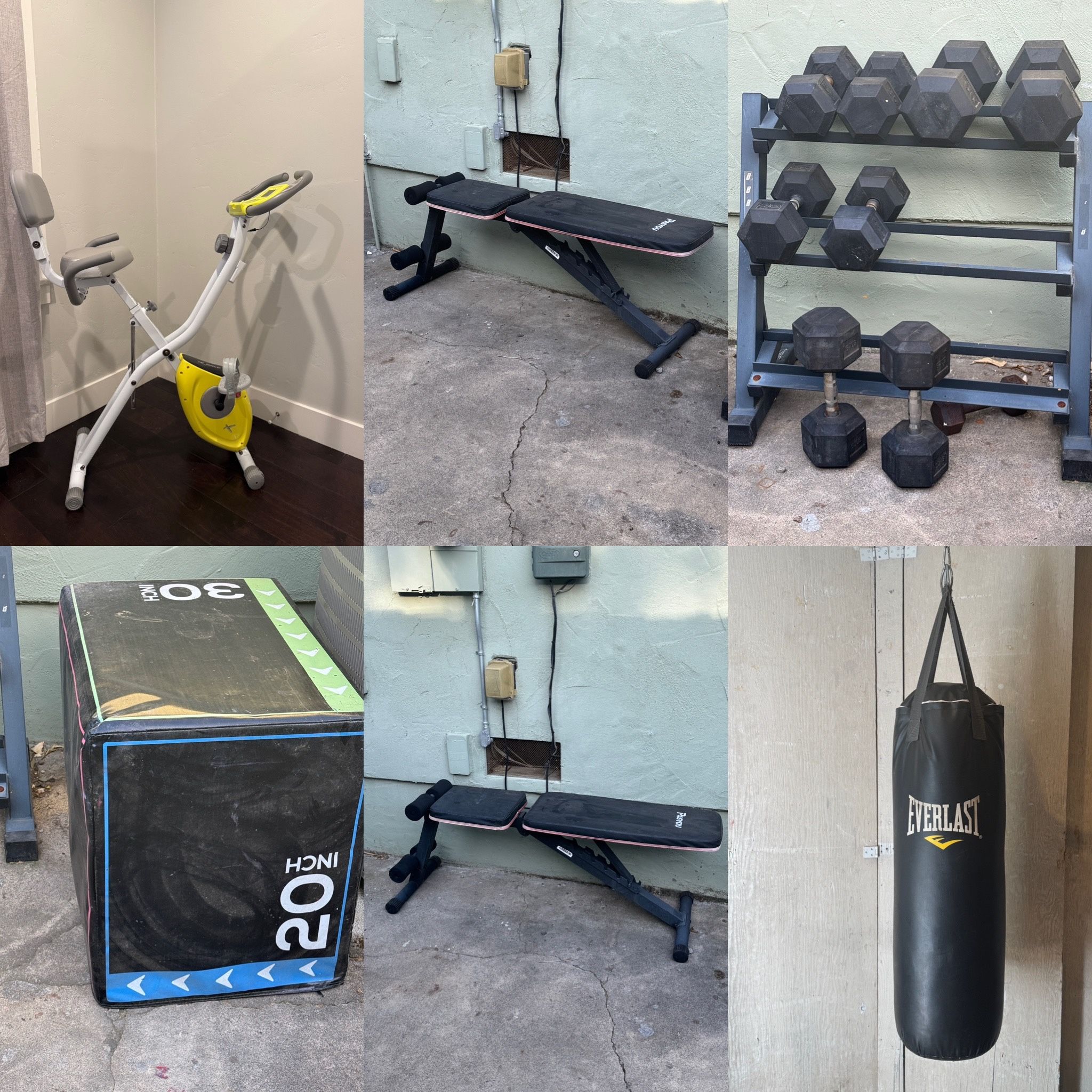 ๐๏ธโโ๏ธ Full Home Gym Setup โ Dumbbells (Set), Bench, Bag, Plyo Box, Bike โ $750 OBO