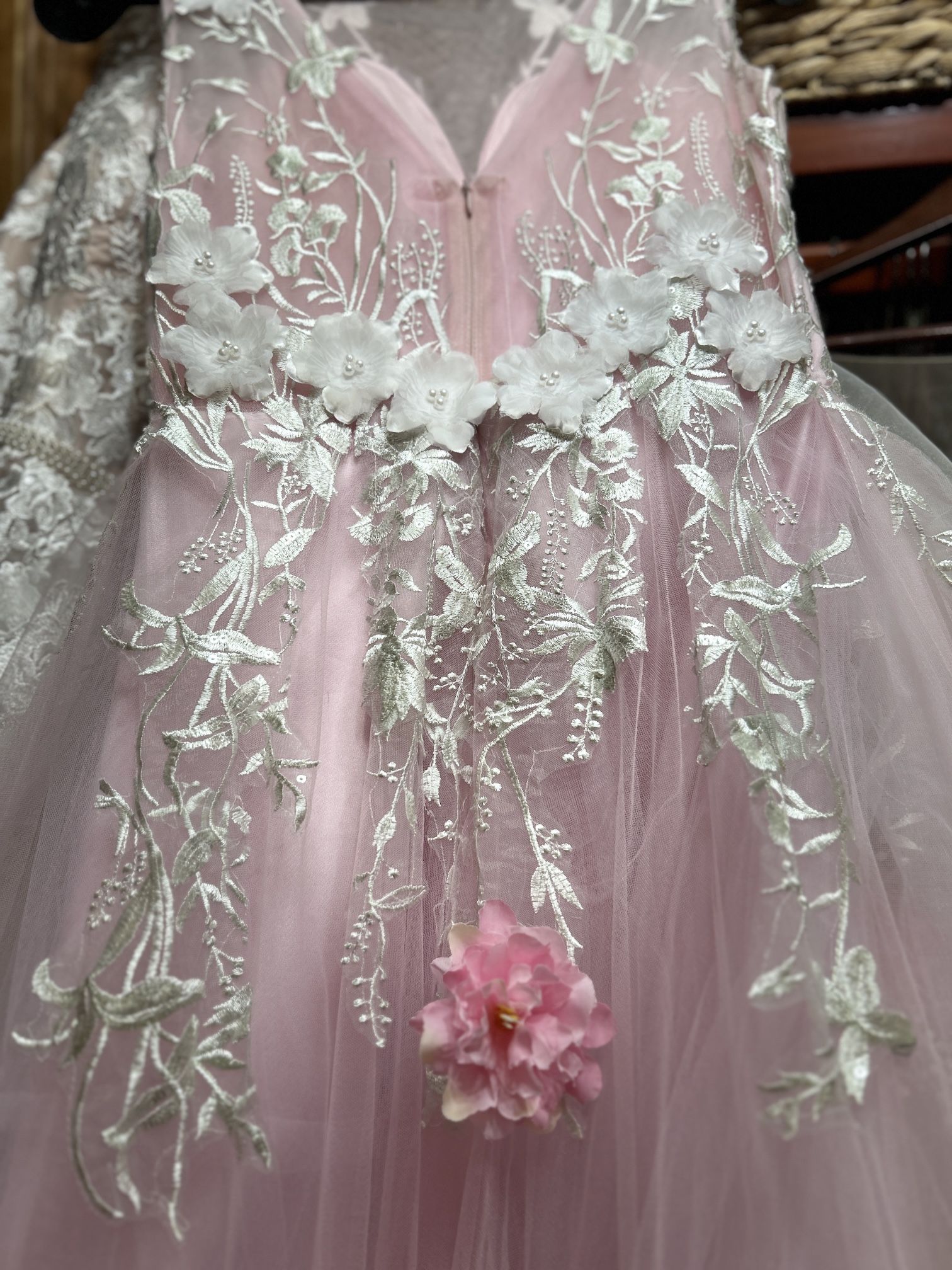 What A Great Pink Dress For A Princess Who Loves Hand stitched Flowers Throughout The Train Of The Dress!
