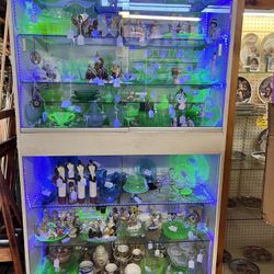 Tons Of Uranium Glass, Precious Moments, Glass Figurines , And Aquamarine Glass!
