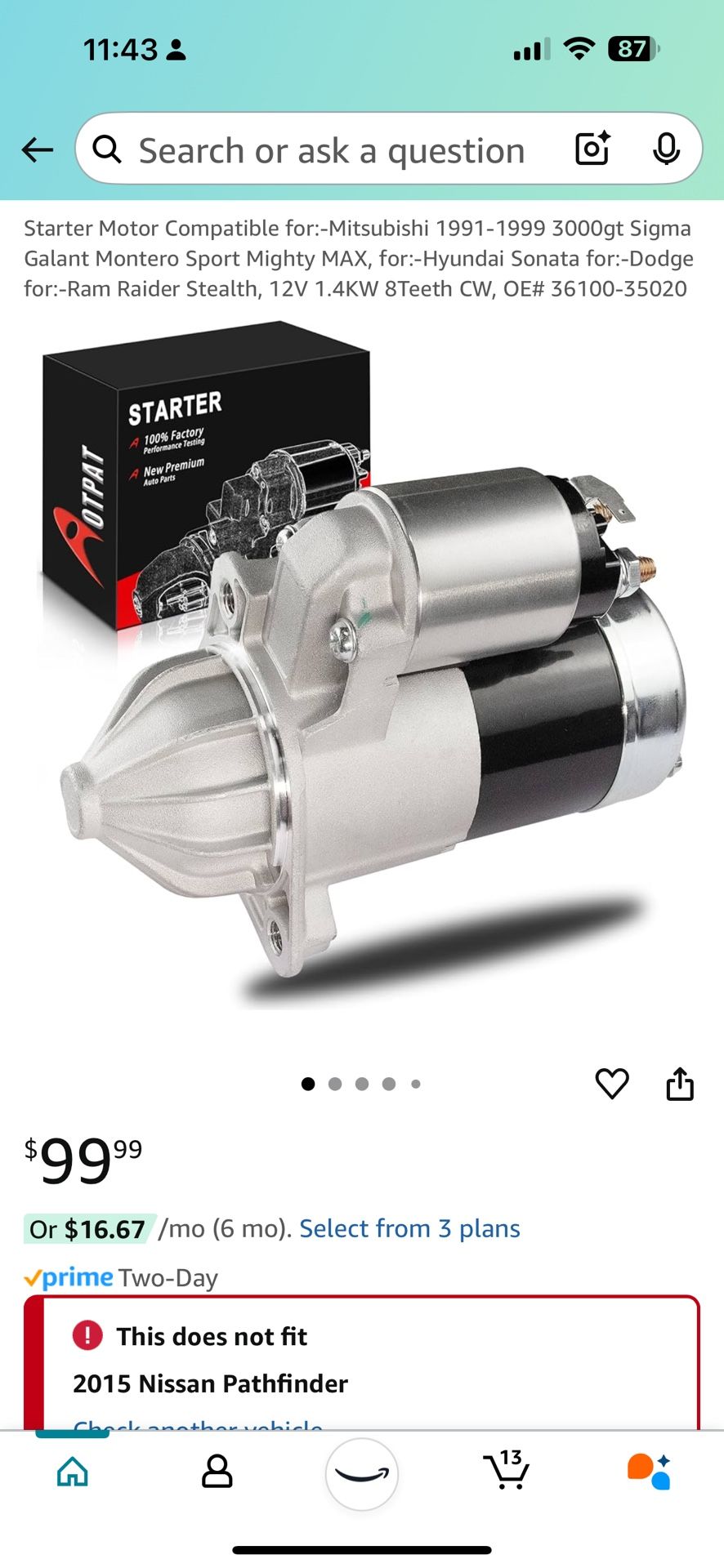 Starter Motor Compatible for:-Mitsubishi 1 3000gt Sigma Galant Montero Sport Mighty MAX, for:-Hyundai Sonata for:-Dodge for:-Ram Raider Stealt