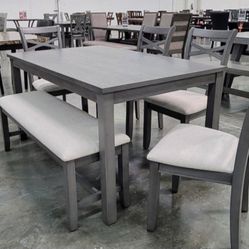 ✅️✅️6 pc  grey finish wood dining table set padded seat chairs and bench✅️