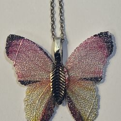 Butterfly Pendant Silver-Tone Electroplated In Colorful Metal Chain 12 inches