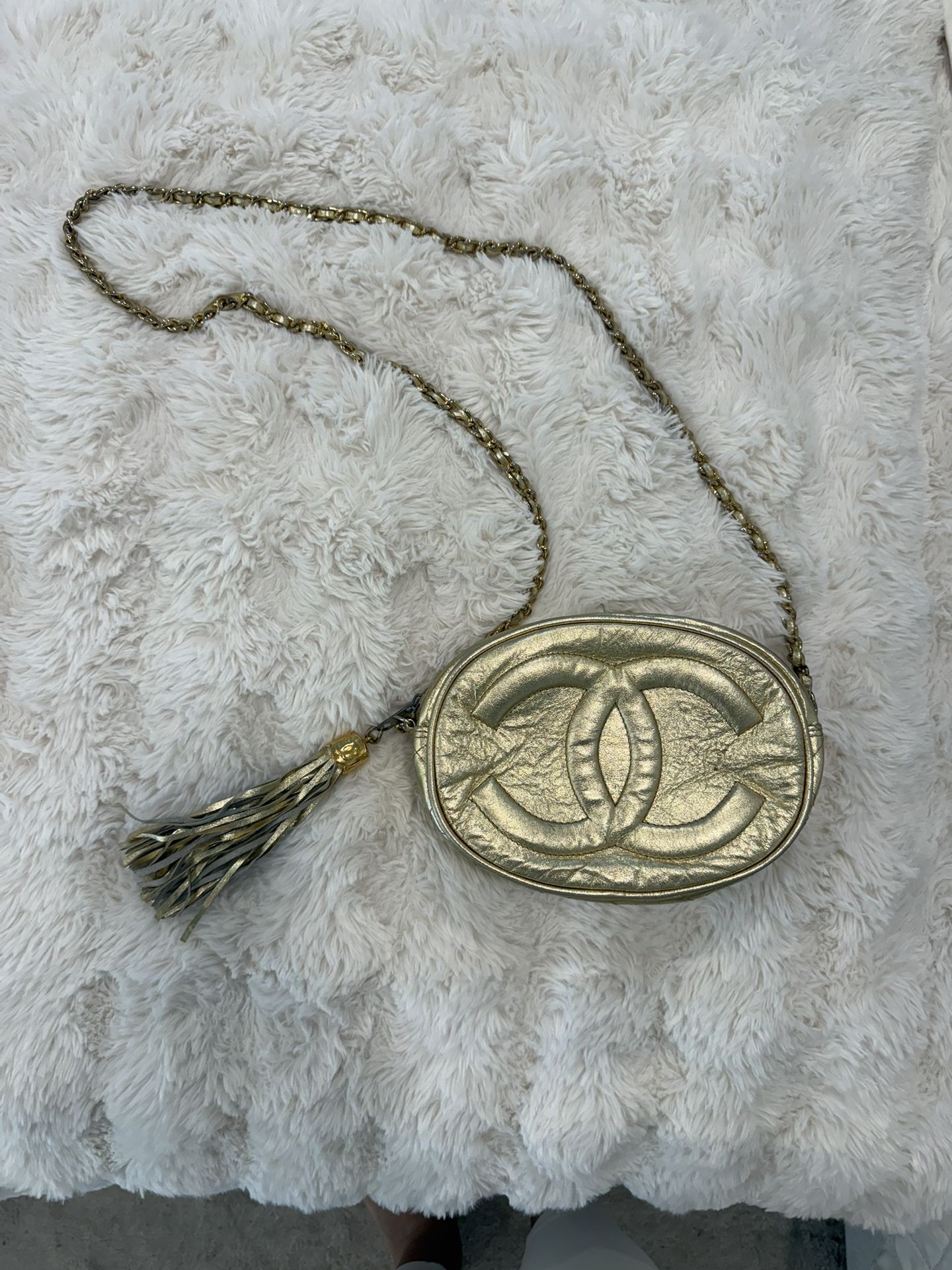 Gold Quilted CC-Style Crossbody with Tassel