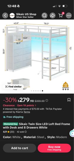 Twin Size LED Loft Bed Frame with Desk and 8 Drawers White