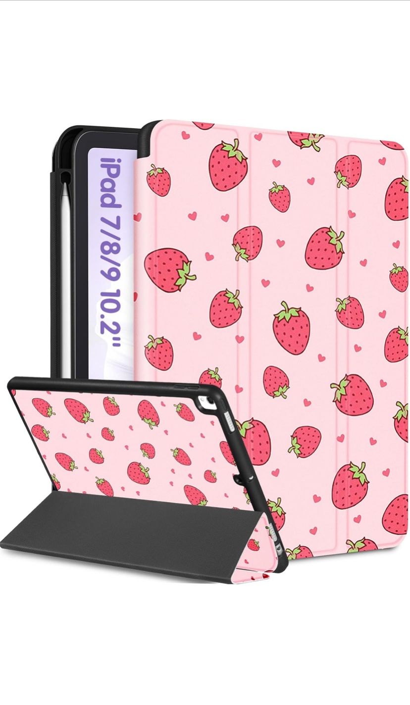 iPad 9th/8th/7th Generation Case 10.2 Inch Girls Cute Kids Women Folio Smart Cover Pencil Holder, Strawberry Design