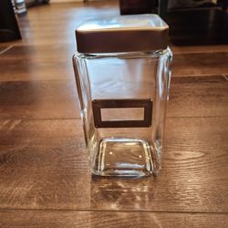 9" Vintage Square Glass Canister Jar Metal Label, good condition 