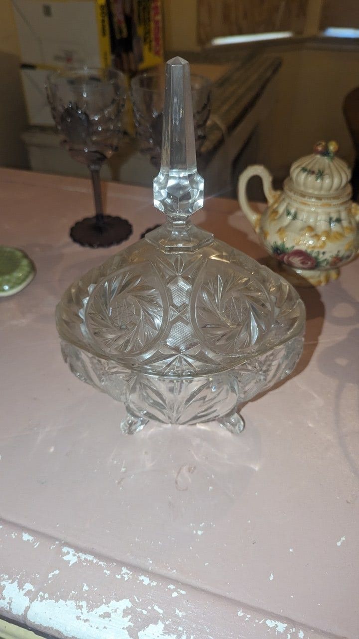 Brilliant Crystal Cut Glass Star Of David Pinwheel 4 Footed Candy Dish