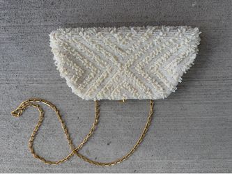 Vintage 1970s-1980s Handmade Hong Kong White Beaded Evening Clutch Purse Bridal Bag