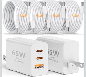 3port 100W USB C Fast Wall Charger Adapter Plug and 4Pack 6/6/10/10FT Long USBC Quick Charge Cable Cord