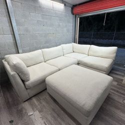 (Delivery)  White Down Filled Sectional Sofa / Couch with Ottoman