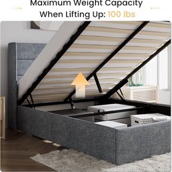 Queen Size Lift Up Storage Bed/Modern Wingback Headboard/Upholstered Platform Bed Frame/Hydraulic Storage/No Box Spring Needed/Wood Slats Support/Grey