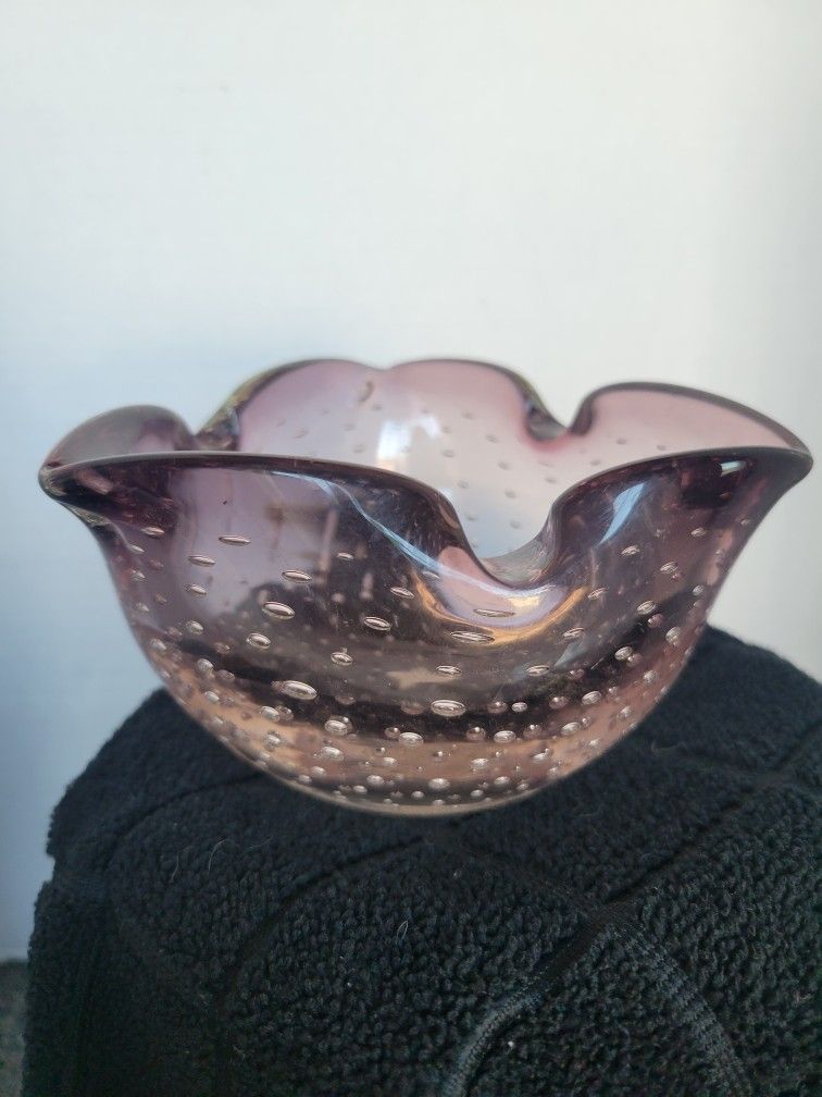 Vintage Handblown Glass Bowl Ashtray Lilac Purple Bullicante Controlled Bubbles
