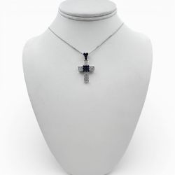 18k White Gold Cross Pendant with Diamonds and Sapphires with 14" Necklace.
