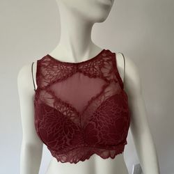 PINK floral lace high-neck bralette in a dark rose size Medium