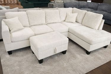 Brand New Ivory Corduroy Sectional Sofa +Storage Ottoman (New In Box)