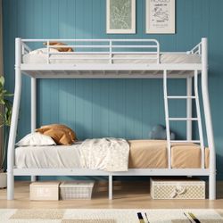 Twin Over Full Bunk Bed Metal Bed Frame with Ladders, Heavy Duty Sturdy Bed Frame with Safety Guardrail For Adults, No Box Spring Needed, White