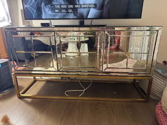 Upscale Antiqued Mirrored TV Console / Credenza – Gold Base – 60”