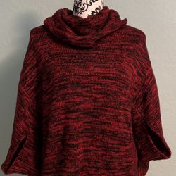 Cozy red knit poncho with cowl neck.