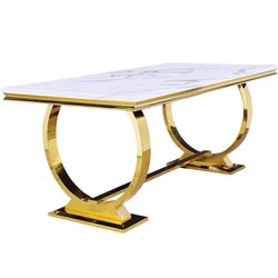 72 inch Dining Room Table with Gold Stainless Steel Metal U-Base in White Gold