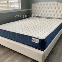 Queen White Crystal Button Bed With Ortho Mattress Included 