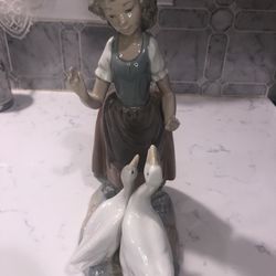 Nao By Lladro Young Girl With Two Geese Porcelain Figurine Spain 11”