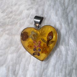 Vintage ATI Mexico Sterling Real Pressed Multi Flower In Lucite Heart Shape Pendant