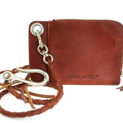 DSQUARED2 Men's unisex Brown Leather Wallet Biker Chain Braided Lanyard Zip Made Italy